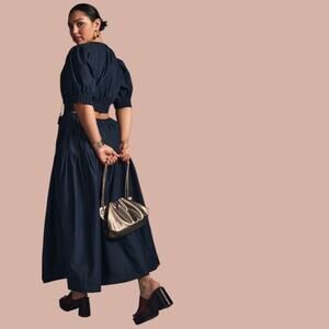 Moon River Anthropologie Navy Puff Sleeve Dress Open Back Tassels Long Length S
